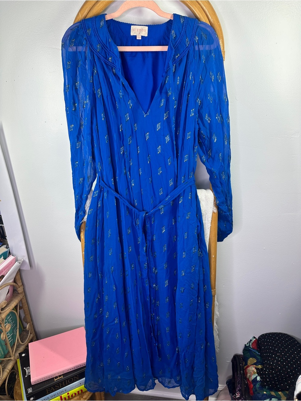 Ciebon Royal Blue Long Sleeve Midi Dress w Tie Sz M